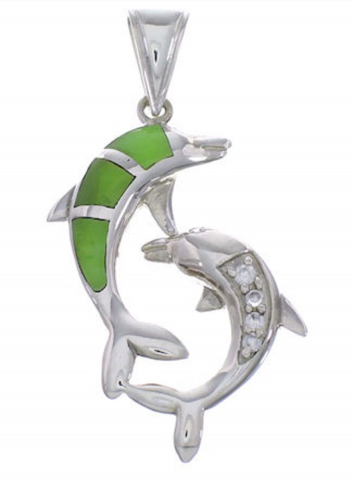 Silver And Jade Inlay Southwest Dolphin Pendant PX43315