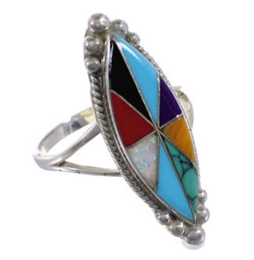 Sterling Silver Southwest Multicolor Inlay Ring Size 6-1/2 EX51432
