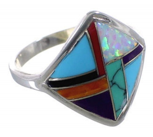 Genuine Sterling Silver Multicolor Inlay Ring Size 7-1/2 EX51444