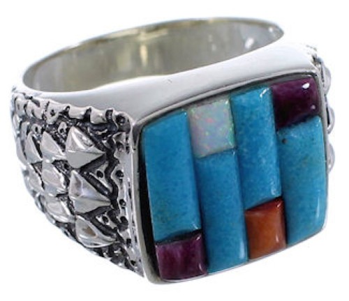 Southwestern Sterling Silver Multicolor Inlay Ring Size 9-1/4 AX37317