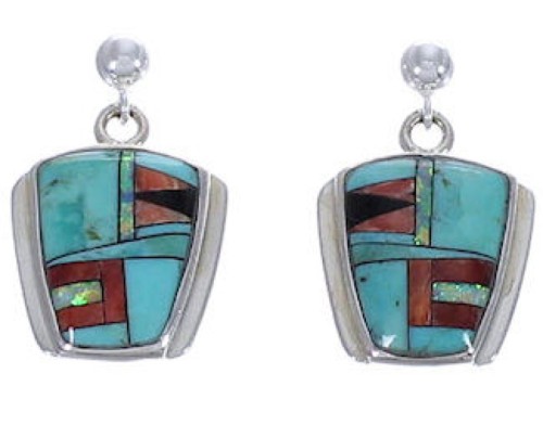 Sterling Silver Multicolor Inlay Post Dangle Earrings FX32109