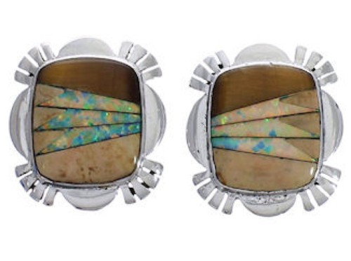 Multicolor Inlay Southwest Sterling Silver Post Earrings FX32120