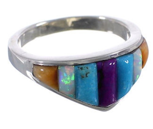 Southwest Inlay Sterling Silver Multicolor Ring Size 5-3/4 TX38322