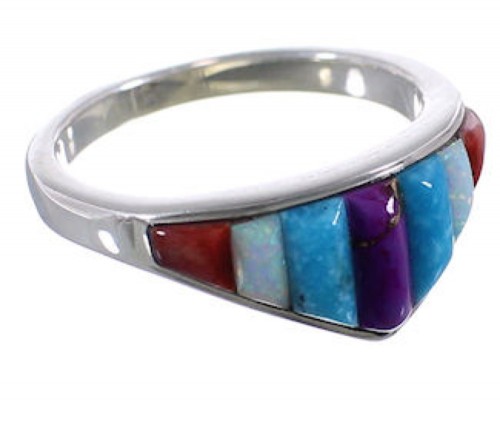 Southwest Inlay Silver Multicolor Ring Size 7-1/2 TX38354