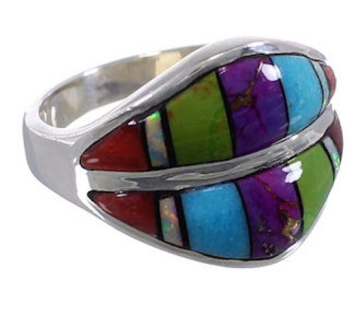 Genuine Sterling Silver Multicolor Inlay Ring Size 6-3/4 TX38378