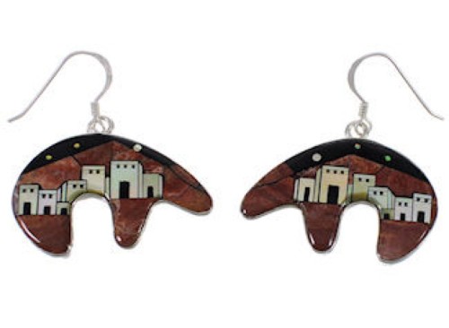 Multicolor Native American Village Design Bear Silver Earrings EX31217