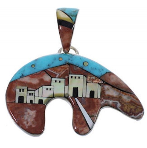 Native American Village Design Bear Multicolor Silver Pendant EX31219