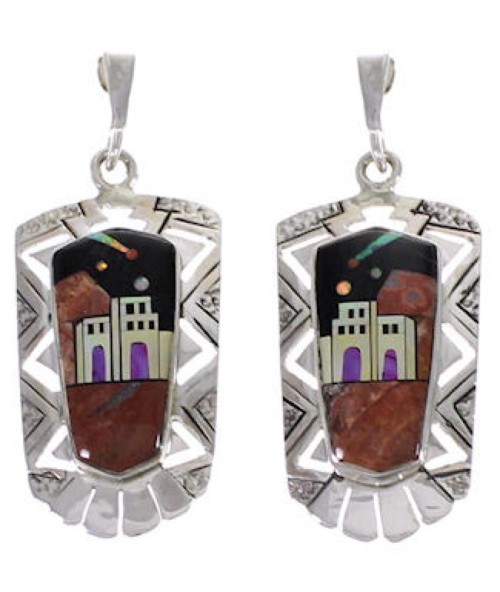 Native American Pueblo Design Silver Multicolor Inlay Earrings EX31263