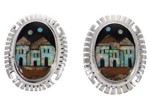 Native American Village Design Multicolor Silver Earrings EX31269