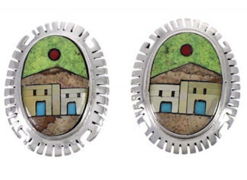 Southwest Multicolor Native American Design Silver Earrings EX31276