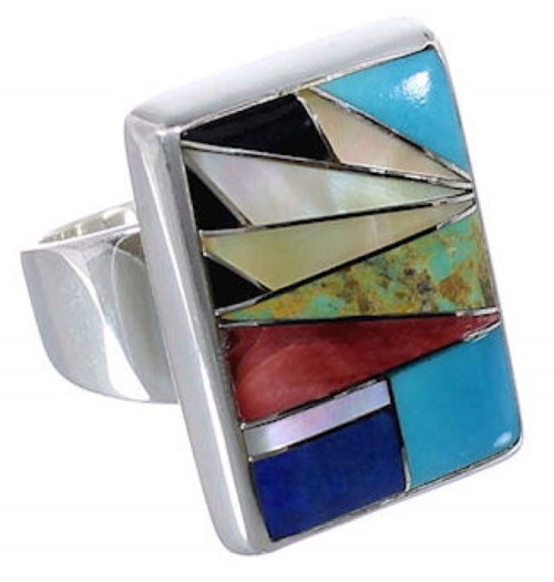 Sturdy Sterling Silver And Multicolor Inlay Ring Size 7-1/2 WX37570