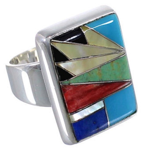 Sturdy Sterling Silver Multicolor Inlay Ring Size 7-1/4 WX37580