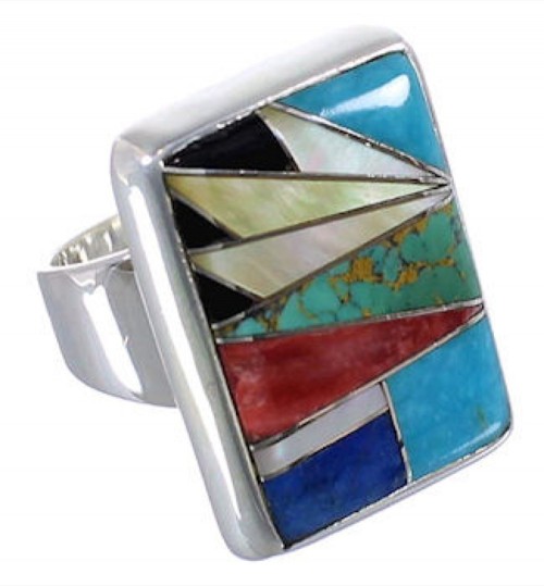 Substantial Multicolor Inlay And Silver Ring Size 8-1/2 WX37624