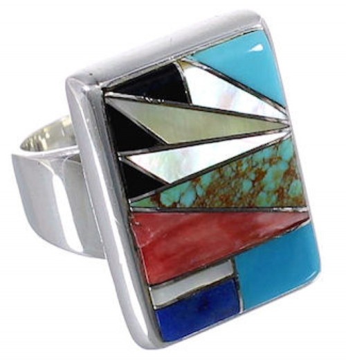 Heavy Multicolor Inlay Sterling Silver Ring Size 5-3/4 WX37666