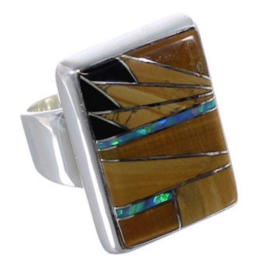 Substantial Multicolor Inlay Sterling Silver Ring Size 8-1/4 WX37738