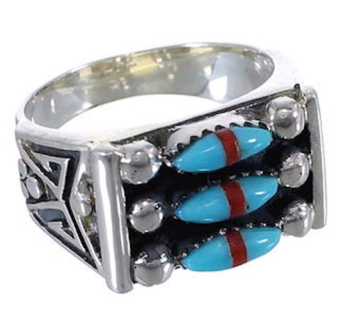 Well Built Coral Needlepoint Silver Turquoise Ring Size 8-1/4 VX37233