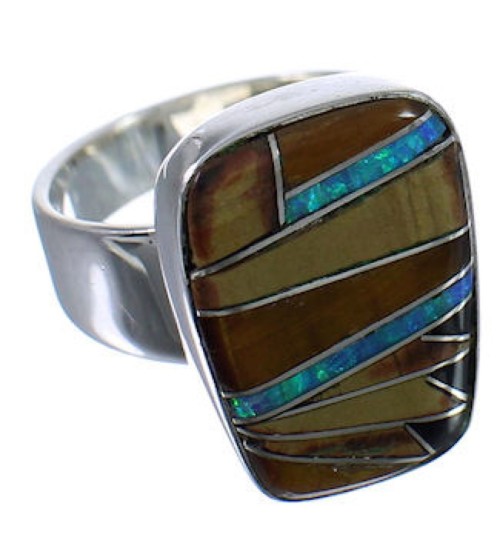 Multicolor Inlay Sterling Silver Sturdy Ring Size 5-1/2 EX40233