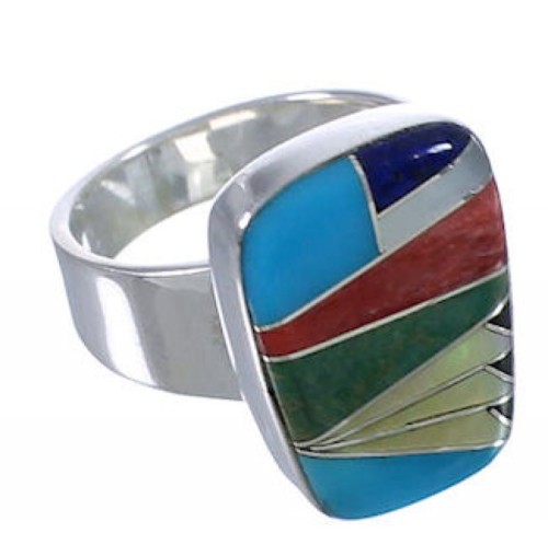 Substantial Sterling Silver Multicolor Inlay Ring Size 5-3/4 EX40298