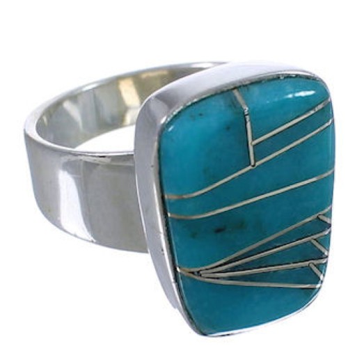 Turquoise Inlay Substantial Silver Ring Size 7-1/4 EX40374