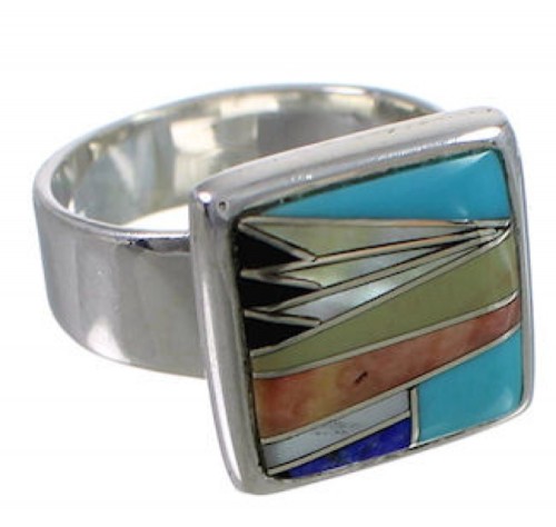 Sturdy Sterling Silver Multicolor Inlay Ring Size 8-3/4 WX39851