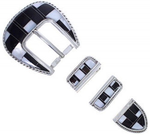 Sterling Silver Mother Of Pearl Black Ranger Belt Buckle RS39341 