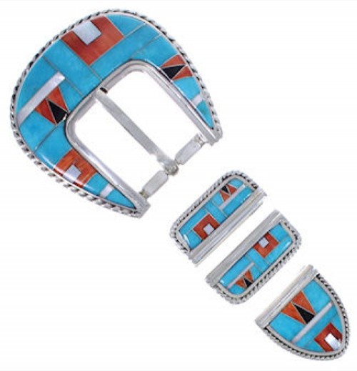 Multi Color Inlay Genuine Sterling Silver Ranger Belt Buckle RS39332