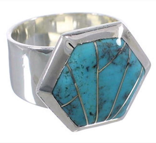 Turquoise Inlay Substantial Silver Ring Size 6-1/4 EX40568