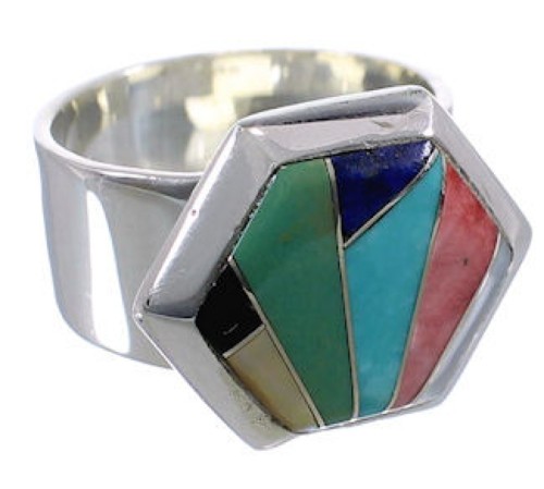 Well-Built Multicolor Inlay Silver Ring Size 7-3/4 EX40617