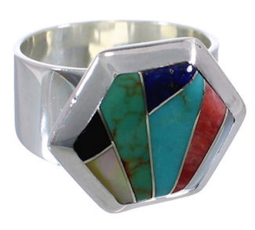 Substantial Sterling Silver And Multicolor Ring Size 8-3/4 EX40725