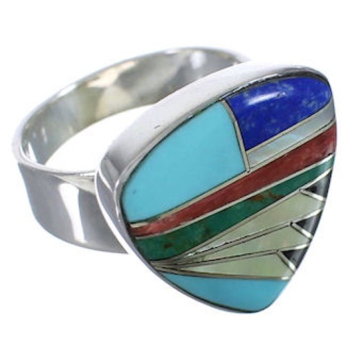 Sturdy Sterling Silver Multicolor Inlay Ring Size 8-3/4 PX40486