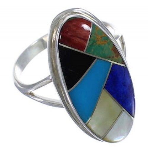 Southwest Sterling Silver Multicolor Inlay Ring Size 8-1/2 UX34192