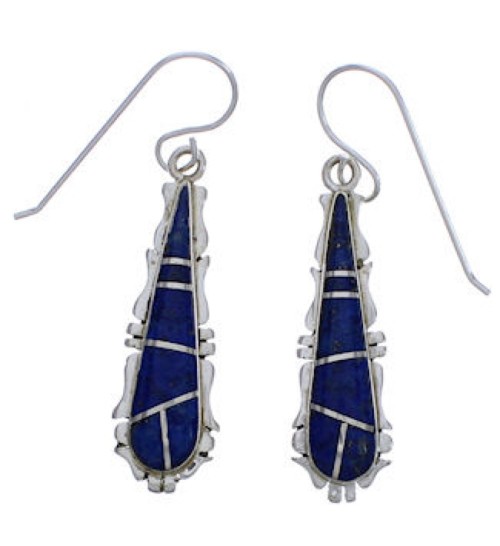 Lapis Inlay Silver Hook Dangle Earrings FX31436