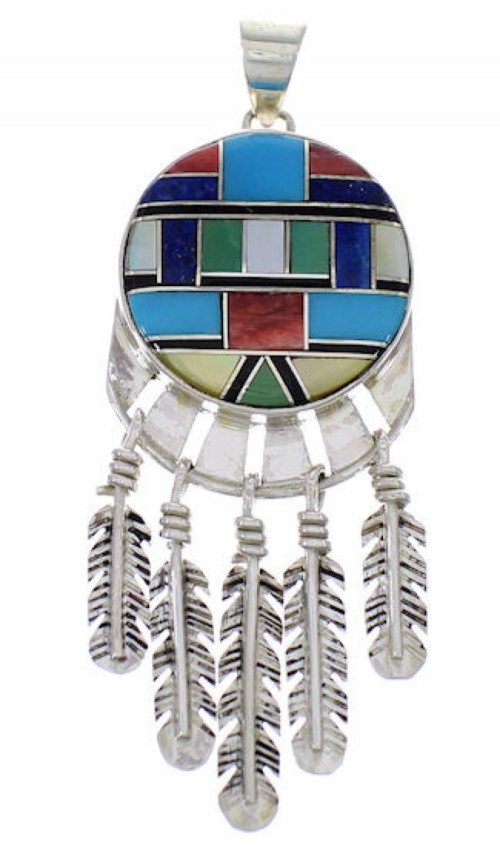 Multicolor Inlay Feather Silver Pendant PX28997