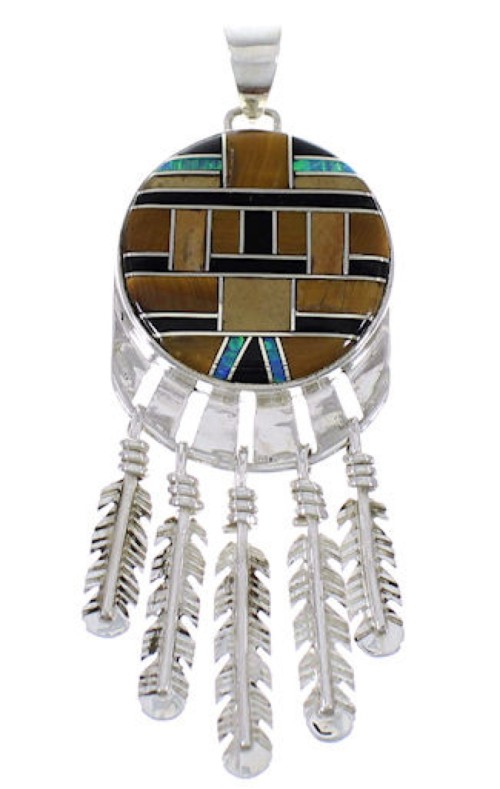 Southwest Multicolor Inlay Sterling Silver Feather Pendant PX28999