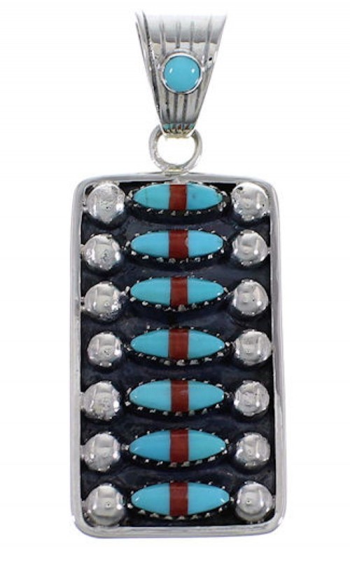 Turquoise And Coral Southwest Sterling Silver Pendant EX28836