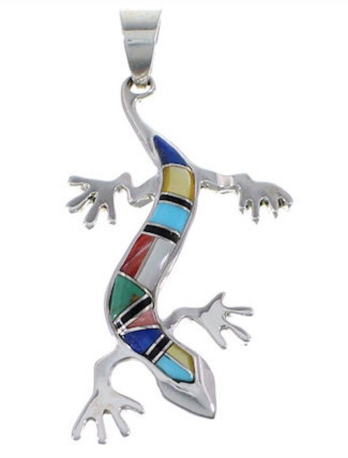 Sterling Silver Multicolor Inlay Lizard Southwest Pendant FX30896