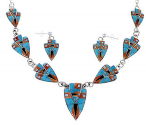 Multicolor Inlay Sterling Silver Link Necklace Earrings Set NS41224