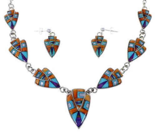 Mother Of Pearl Multicolor Sterling Silver Link Necklace Set NS41223