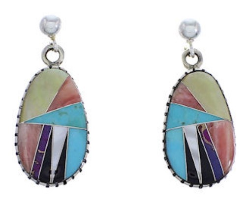 Southwest Multicolor Inlay Silver Post Dangle Earrings FX31560