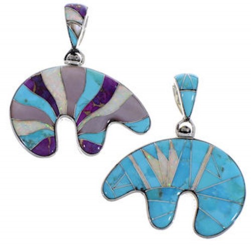 Turquoise Multicolor Whiterock Reversible Silver Bear Pendant RS36177