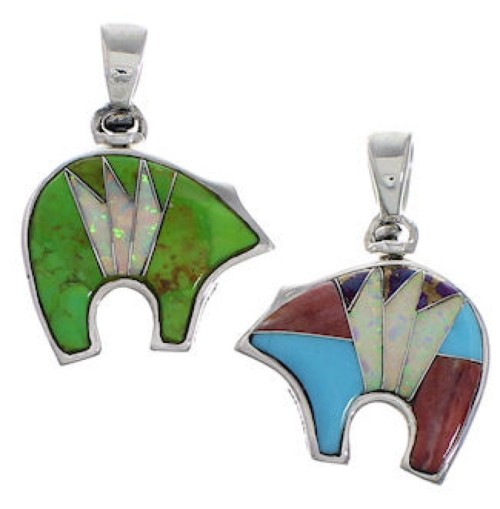 Silver Turquoise Multicolor Jewelry Reversible Bear Pendant DS36914