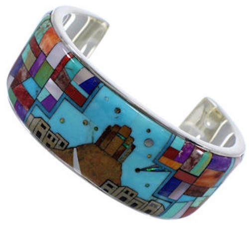 Multicolor Silver Native American Village Design Cuff Bracelet TX40346