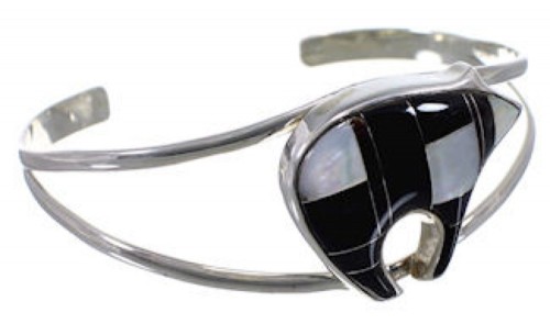 Sterling Silver Mother Of Pearl Black Jade Bear Cuff Bracelet HX30230