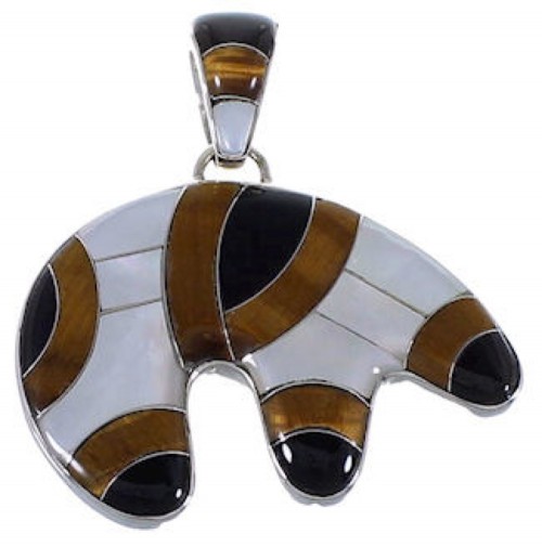 Multicolor Inlay Sterling Silver Bear Whiterock Pendant AS33293