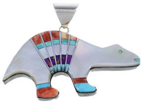 Sterling Silver Turquoise Multicolor Inlay Bear Pendant DS39235