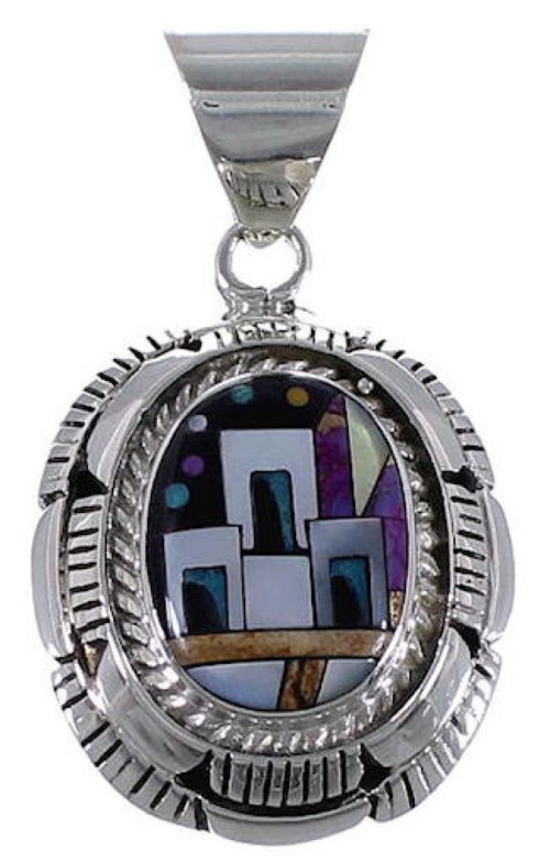 Native American Village Design Multistone Silver Pendant RS41038