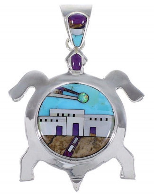 Native American Design Silver Multicolor Turtle Pendant HS40855