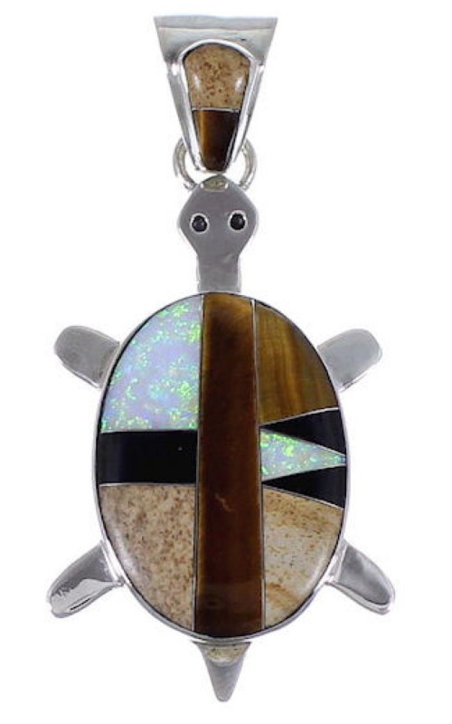 Tiger Eye Multicolor Turtle Genuine Sterling Silver Pendant AS35213