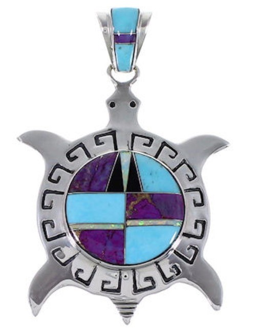 Turquoise And Multicolor Turtle Sterling Silver Pendant AS35159