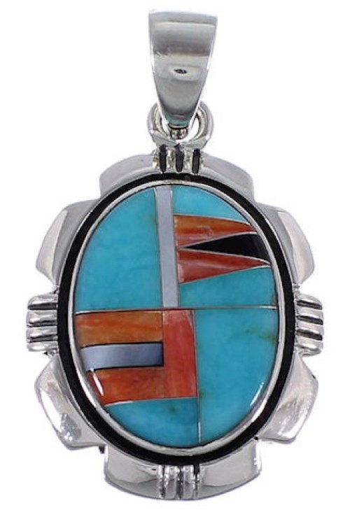Turquoise Multi Color Inlay Genuine Sterling Silver Pendant NS42572